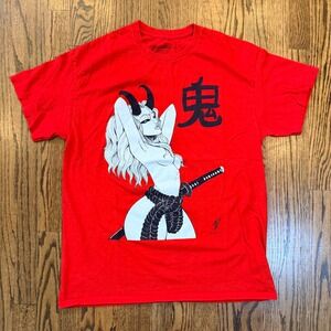 Threadless Tyler Deberry Oni Demon Katana Graphic T-Shirt Large Red